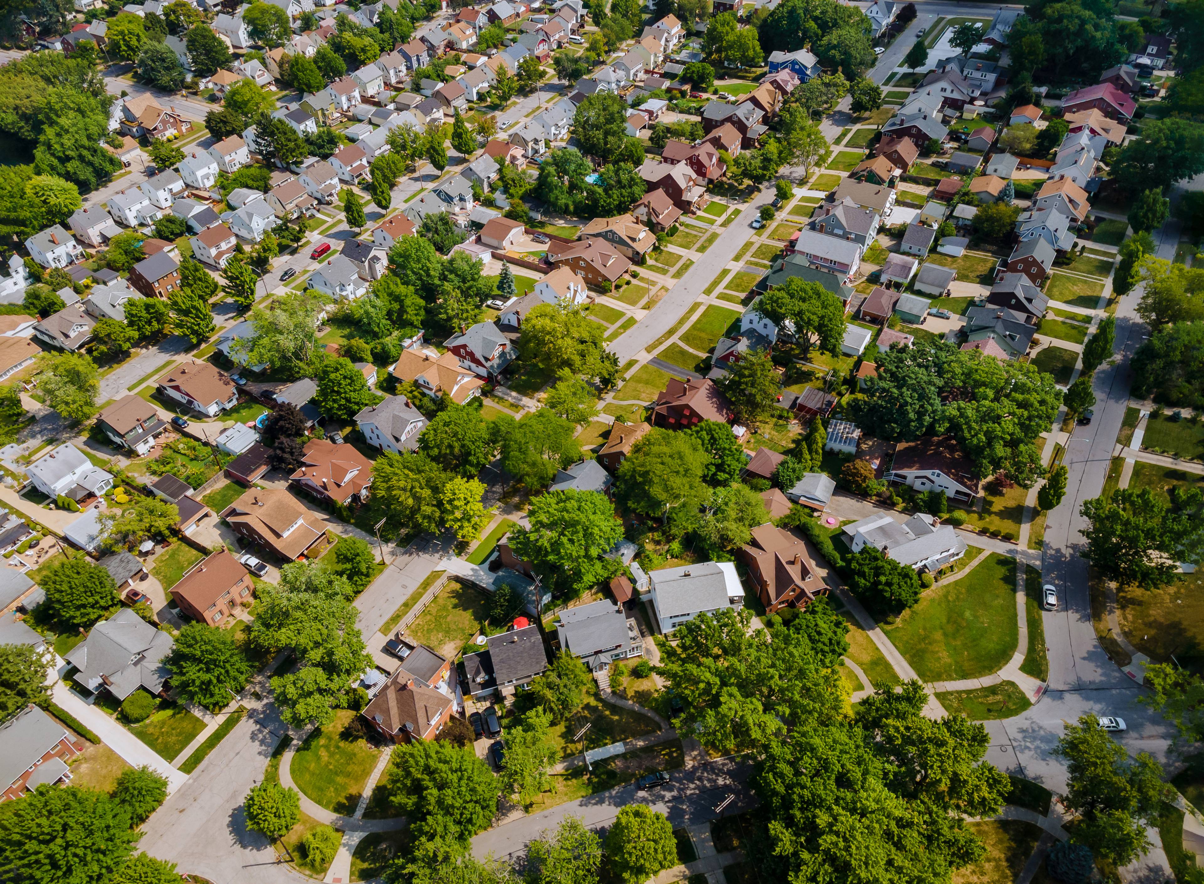 An aerial view of residential properties.