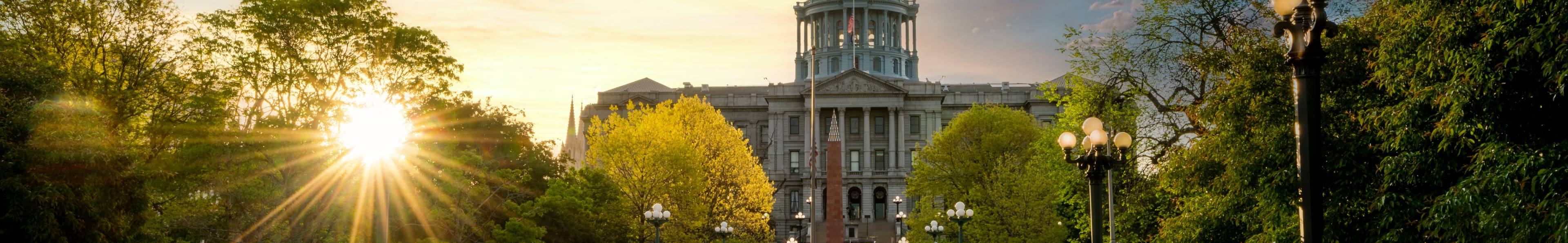 Town hall landscape at sunset